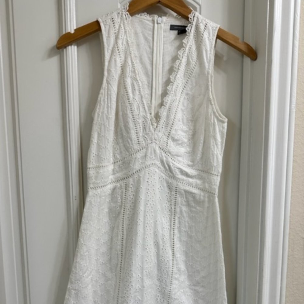 French Connection White Vneck Dress with Lace Scallops